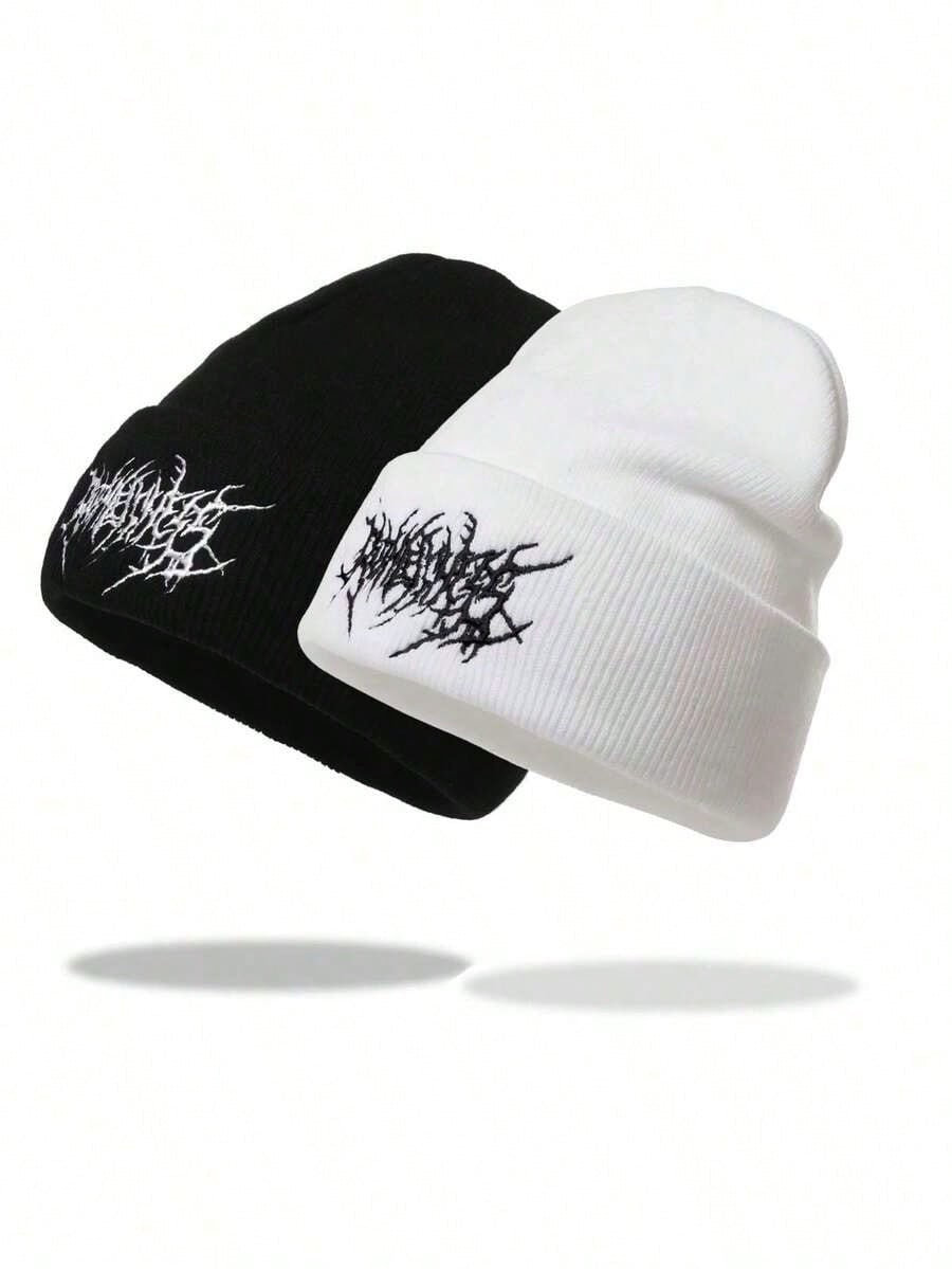 2pc gothic style men embroidered scarf knitted beanie, warm and versatile cold weather cap